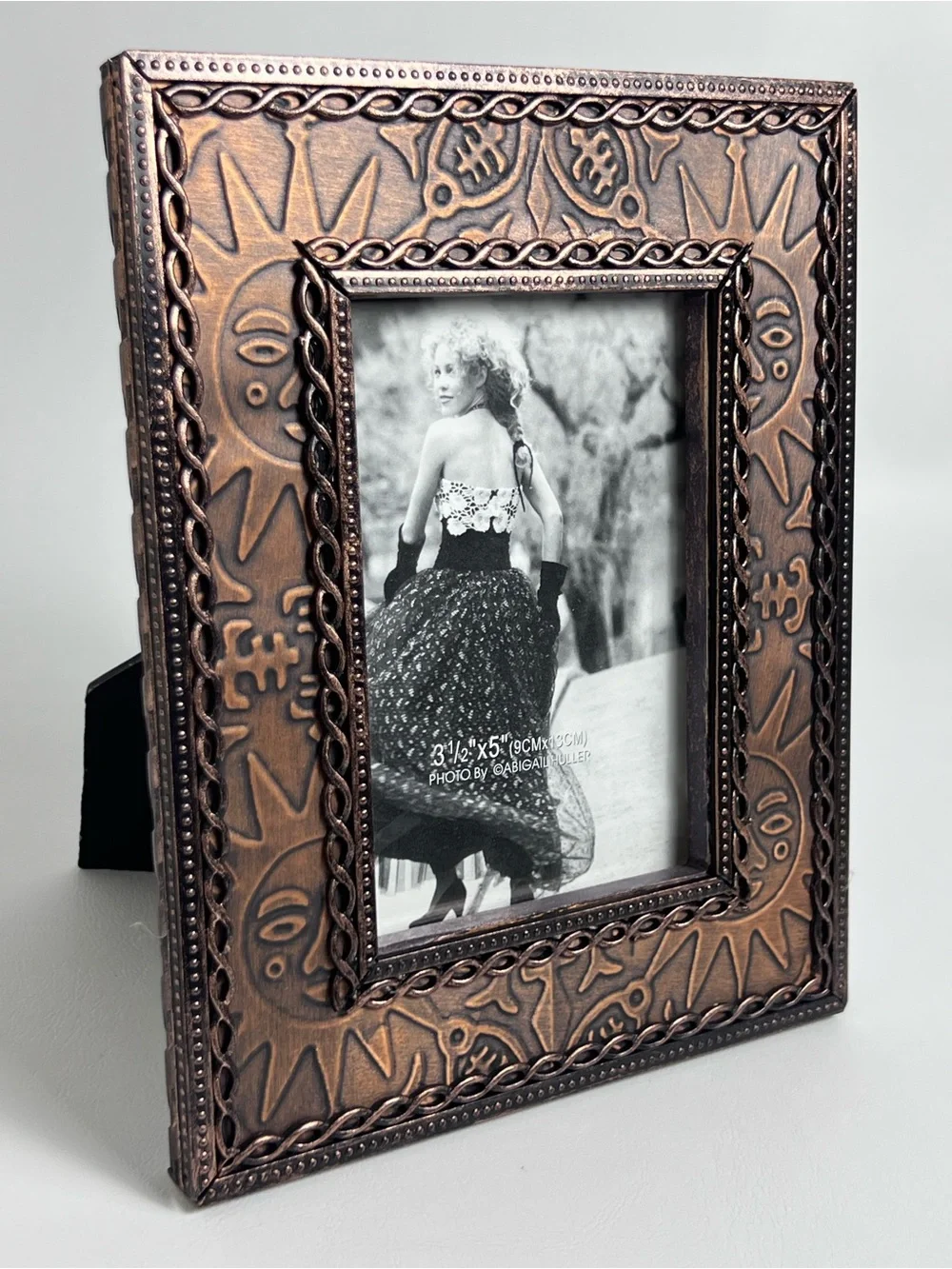 Rustic Cooper Embossed Celestial Sun Tribal Motif 3.5” x 5” Picture Frame